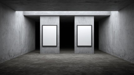 Poster - Vertical black framed posters suspended against textured concrete wall, illuminated by overhead lighting, presenting minimalist display environment for visual communication