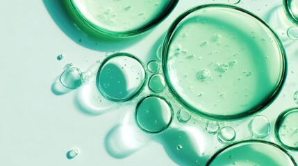 Poster - Green cosmetic serum droplets forming delicate bubbles, revealing translucent liquid pattern against white background, highlighting skincare texture and luminous aesthetic