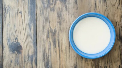 Poster - A simple still life image of a bowl of milk on a wooden table