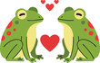 © OKAN - Two green frogs facing each other with red hearts above and between them in cute love illustration