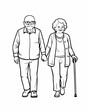 © Margo Miro - Retired couple walking hand in hand in black and white illustration
