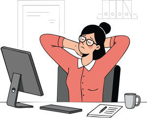 Poster - Woman relaxing at office desk with computer and coffee cup vector illustration in casual work environment 