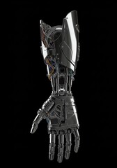 Poster - Chrome Robotic Arm Detail - Close-up of a metallic robotic arm, showcasing intricate mechanical details against a black background