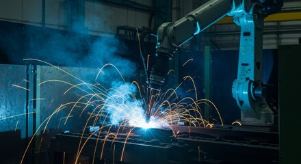 Poster - industrial robotic welding process - close-up of a robotic arm performing a welding operation, spark