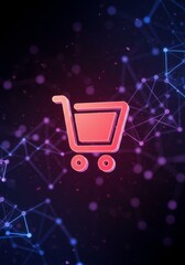 Poster - Online Shopping Cart Icon - Glowing shopping cart icon on a dark background with a network connection design. Represents online shopping, e-commerce, and transactions