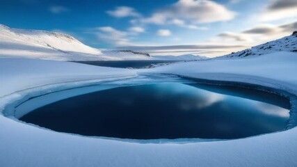 Wall Mural - Frozen lake nestled in a snowy landscape under a vibrant sky.  A serene, circular pool of dark blue water is surrounded by pristine white snow