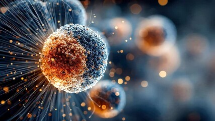 Poster - Close-up view of a luminous, textured cell emitting radiating light strands, representing biological energy and microscopic complexity