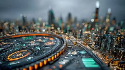 Poster - Futuristic cityscape featuring a high-tech circular hub at the center, surrounded by illuminated skyscrapers and a glowing, digital network