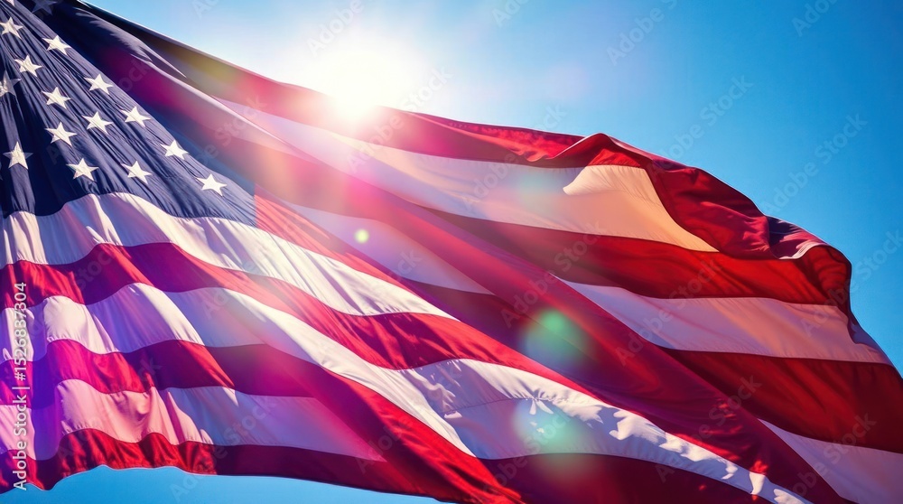 American flag waving against a blue sky with the sun shining through it ...