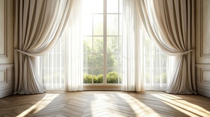 layered curtains frame large windows combining panels with heavier drapery allowing diffused sunligh