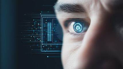 Poster - Biometric Scan: Close-up of a person's eye with a futuristic biometric scan overlay, highlighting advanced technology and security.