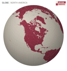 Poster - Vector Globe centered to North America. Light Beige Crimson Red palette. World map with meridians, parallels, countries, rivers and lakes. Stylish vector illustration.