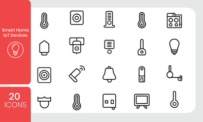 Poster - Smart Home  IoT Devices line icon set. phone, air conditioner, automaton, door lock, doorbell, remote control, computer, hub, speaker and more. Outline vector icon in linear style. 
