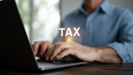 Poster - Person Typing on Laptop in Office, Focusing on Tax and Finance Technology for Effective Work Planning
