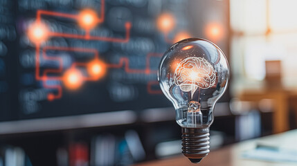 Poster - illuminating ideas: a luminous lightbulb, with a glowing brain, symbolizes the fusion of thought and