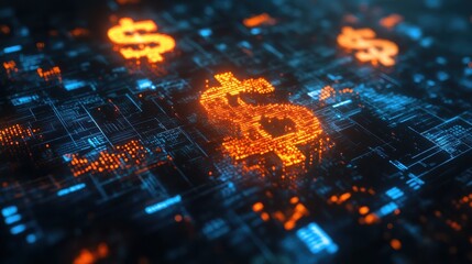 Poster - Digital Currency: A futuristic abstract digital currency concept with glowing dollar signs, representing the evolving landscape of finance and digital assets.