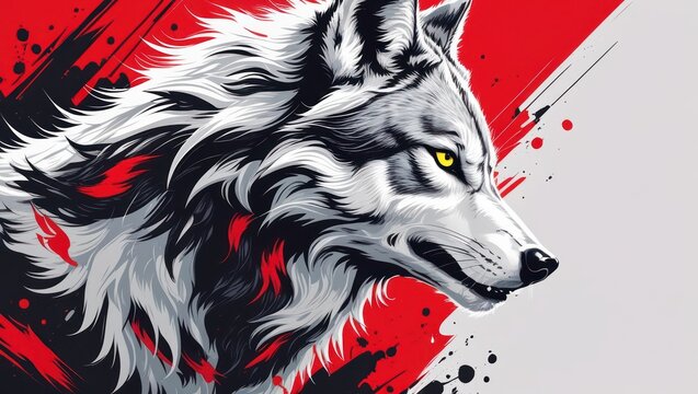 Close-up wolf portrait, bold colors, graphic style