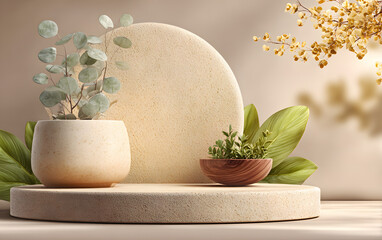Poster - Beige podium on transparent background. Elegant podium for product, cosmetic presentation. Simple mock up. Pedestal or platform for beauty products. PNG file. 3D rendering.
