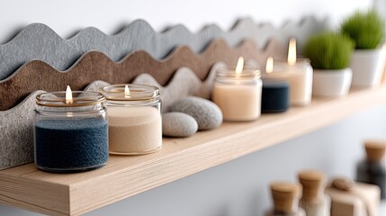 Poster - Close-up view highlights abstract wave shapes crafted from leather in brown and blue hues, set against a wooden shelf with candles