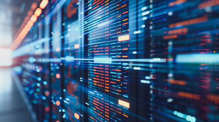 Poster - Data Fortress: A high-tech data center pulses with digital information, lines of servers meticulously arranged and bathed in vibrant blue and orange lights.