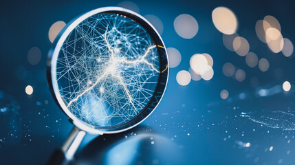 Poster - Mind's Eye: A close-up of a magnifying glass revealing an intricate network of neural pathways, illuminated and vibrant, against a softly blurred background.