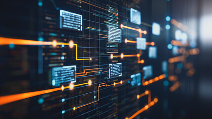 Poster - Digital Network Flow: Abstract visualization of data streams and network connections, showcasing vibrant orange lines and glowing blue data blocks against a dark backdrop.