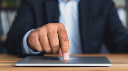 Poster - Digital Precision: A close-up view captures the moment of a finger interacting with a digital tablet, emphasizing focus and precision. The scene, filled with textures.