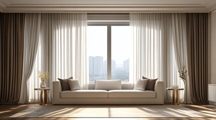 layered curtains frame large windows combining panels with heavier drapery allowing diffused sunligh