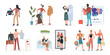 © Flash Vector - People choose fashionable clothes at home, fashion shop vector illustration set. Cartoon man woman characters holding clothes hanger, choosing what to wear, girls with shopping bags isolated on white