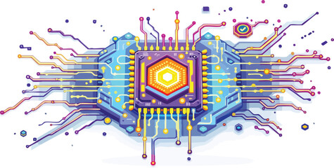 Poster - Colorful stylized illustration of a central processing unit and digital circuit board design.