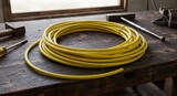 A coil of electric cable lying across workshop bench