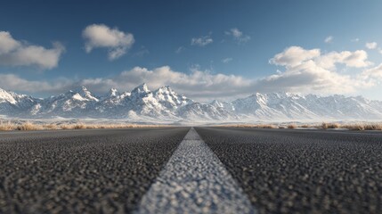 Wall Mural - Road stretches toward snow-capped mountains under bright sky. Scenic journey, asphalt highway, travel destination, open road adventure.