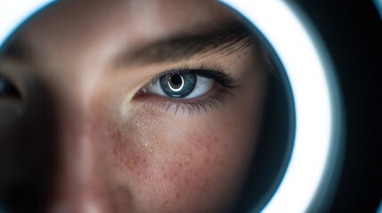 Poster - Glowing Ring Light Reflection in Eye of Photographer Creating a Unique Visual Focus in a Clean Space