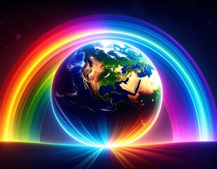 earth encircled by vibrant rainbow