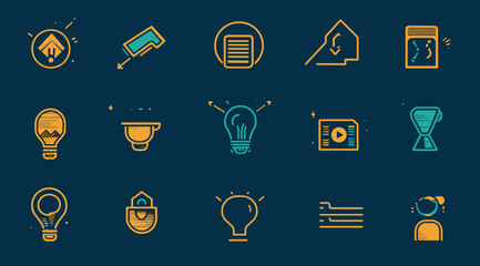Startup Icon Set: A vibrant collection of flat line art icons representing key concepts in the startup world, including innovation, finance, security, and time management.