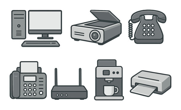 Office equipment silhouette icons set – tools, devices for business essentials