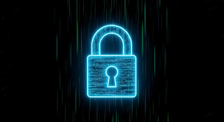 Wall Mural - Glowing Blue Digital Lock on Black Background Illustrating Network Security and Data Protection
