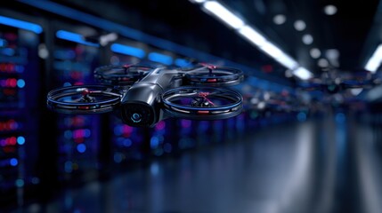 Poster - A drone is maneuvering through a high-tech server room filled with blinking lights and colorful cables. The advanced technology highlights the intersection of robotics and IT infrastructure.