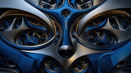 Poster - Delicate patterns emerge in metallic colors of deep blue and silver, forming a mesmerizing design reminiscent of a stylized mask. The intricate details capture a sense of depth and artistry.