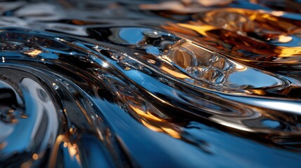 Poster - Swirls of metallic liquid shimmer in the light, creating intricate patterns and reflections. Sunlight enhances the glossy surface, showcasing vibrant colors and motion.