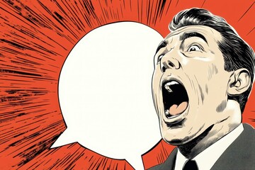 Poster - Comic style speech bubble with a man shouting in a dramatic pop art design for creative projects, Alpha channel file Shout comic bubble, pop up