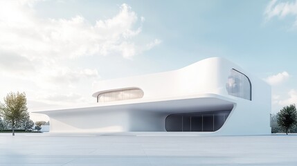 Poster - Modern white architectural building with artistic and abstract design, featuring a clean, minimalist background. The spacious ground and sky offer an ideal setting for an automotive advertisement bac