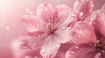 Poster - Delicate Pink Flowers with Dewdrops on Soft Pink Background