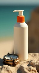 Poster - bottle sunscreen sitting top sandy beach compass beside background slightly blurred giving focus