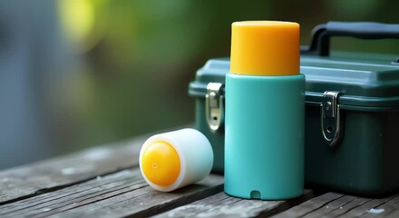 Aufkleber - green suitcase sitting top wooden table next bottle sunscreen background slightly blurred giving focus