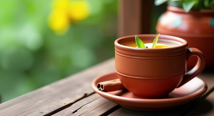 Poster - cup tea sitting top wooden table accompanied saucer flower pot background slightly blurred giving image