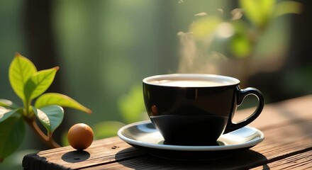 Poster - cup coffee sitting top wooden table accompanied saucer fruit background slightly blurred giving image