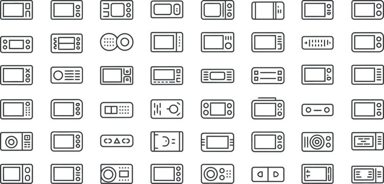Collection of outlined icons depicting various microwave oven designs and styles