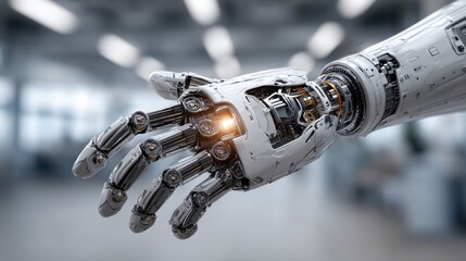 Poster - A robotic hand with visible gears and circuits is prominently displayed, demonstrating futuristic technology and engineering in a contemporary workspace filled with soft lighting.