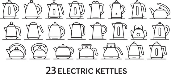 Aufkleber - collection of twenty-three electric kettle outlines in minimalist black and white design